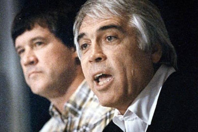 This Nov. 28, 1989 file photo shows British Columbia Lions president Joe Kapp, right, introducing Lary Kuharich as the CFL team's new coach at a news conference in Vancouver. Kapp said while he was surprised at the scope of reaction to his recent altercation with Angelo Mosca, he understands why it became such a popular topic.