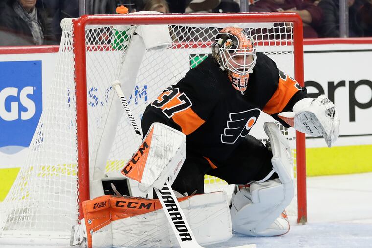 Flyers goaltender Brian Elliott, who was superb in Saturday's shootout, makes a stop against Toronto. The Flyers fell in a shootout, 4-3.