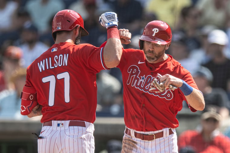 Weston Wilson is congratulated at the plate by Jake Cave after hitting a two-run homer in the second inning Saturday against the Yankees.
