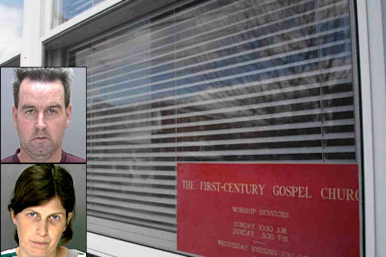 Window of the First Century Gospel Church, in Juniata Park, a church that emphasizes faith over medicine. The young son of Herbert and Catherine Schaible (inset) died from bacterial pneumonia after his parents relied on prayer to heal him. (David Maialetti/Staff)