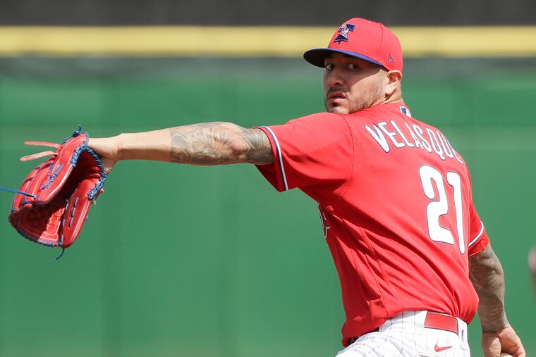 Phillies pitcher Vince Velasquez throws a first-inning warm-up pitch against the Baltimore Orioles in a spring training game at Spectrum Field in Clearwater, Florida on Monday, February 24, 2020.