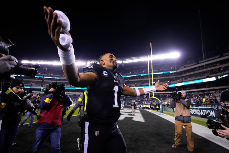 Philadelphia Eagles quarterback Jalen Hurts reacts following an NFL football game against the New York Giants, Sunday, Jan. 8, 2023, in Philadelphia. The Eagles won 22-16. (AP Photo/Matt Slocum)