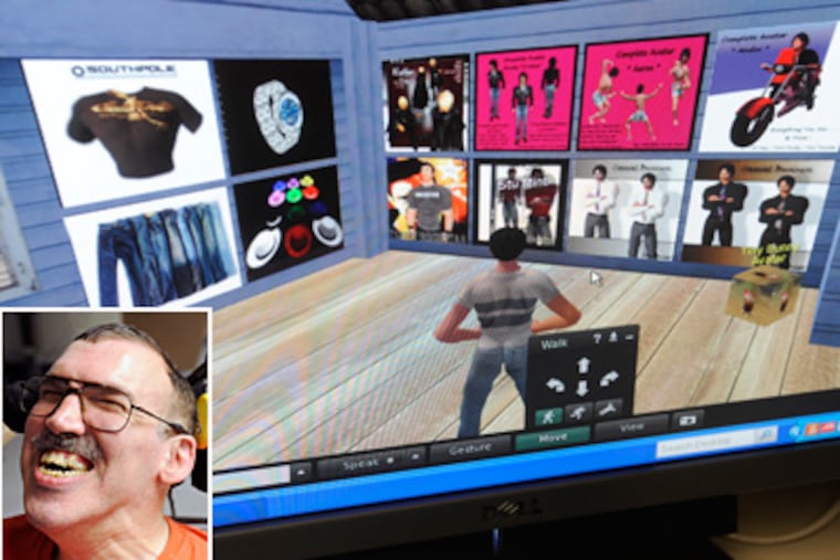 Stu Sanderson (inset) uses his head to control his Second Life avatar, named Stu Mint. Sanderson, who has cerebral palsy, has been a resident of Inglis House since 1977. (Clem Murray/Staff)