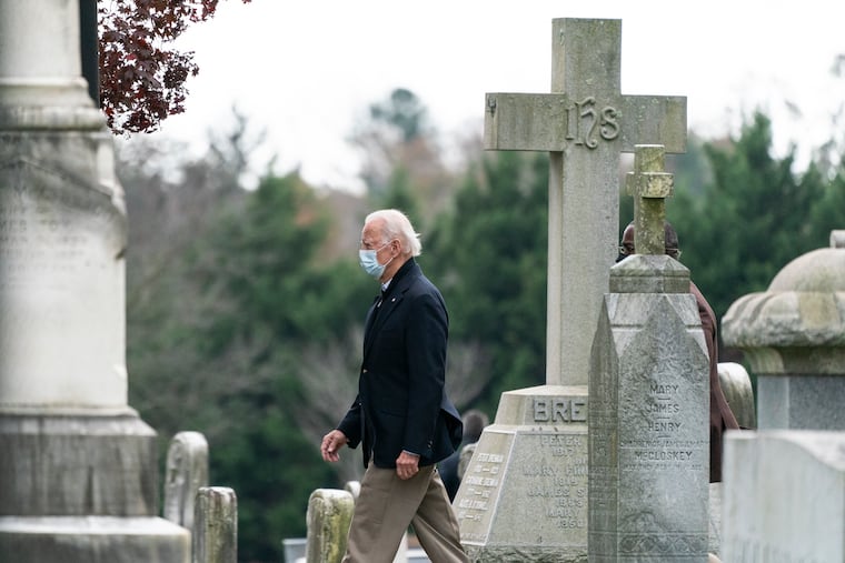 President-elect Joe Biden departs after mass at St. Joseph on the Brandywine Catholic Church, Sunday, Nov. 15, 2020, in Wilmington, Del. (AP Photo/Alex Brandon)