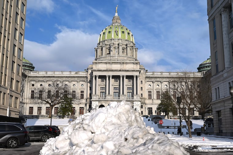 The west entrance to the Pennsylvania State Capitol at Third and State Streets in Harrisburg on Feb. 3. The building was designed by architect Joseph Miller Huston in a Beaux-Arts style in 1902 and completed in 1906.