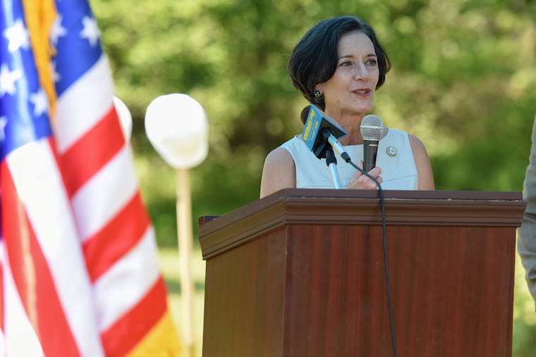 Dr. Val Arkoosh, Chairman of Montgomery County Commissioners, speaks at the Korean War Memorial/America- Korea Alliance Peace Park in North Wales, Pennsylvania on July 19, 2019.