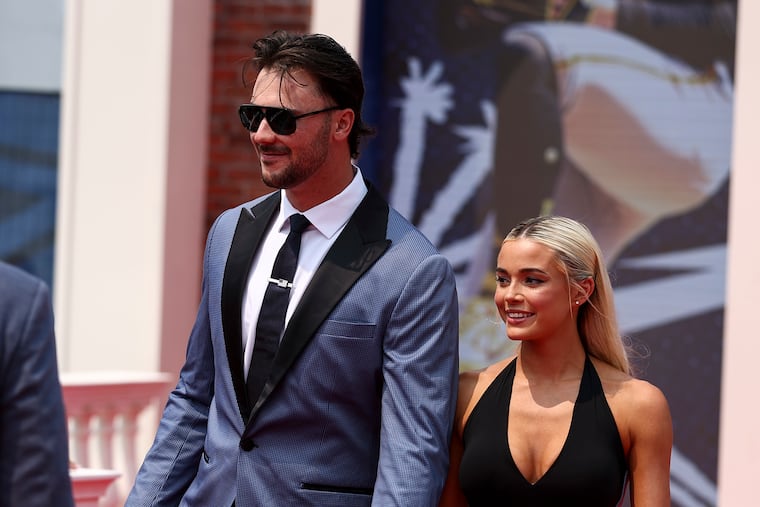 Pittsburgh Pirates pitcher Paul Skenes and his girlfriend, actress, influencer, and former LSU gymnast Livvy Dunne, arrive for the MLB All-Star Game red carpet at Independence Park on Tuesday.