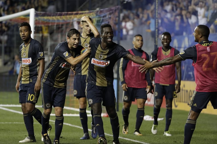 Union’s CJ Sapong celebrates goal against Columbus.