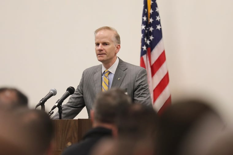 U.S. Attorney William M. McSwain speaks in support of Philadelphia Police to commanders and recruits at the Police Academy Thursday April 26, 2018. DAVID SWANSON / Staff Photographer