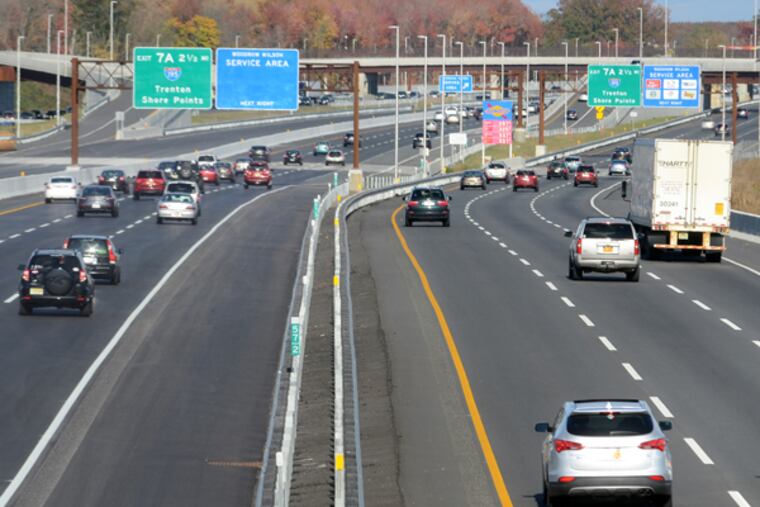 The northbound lanes are open Oct. 26, 2014 on the massive $2.5 billion project to widen the New Jersey Turnpike between Interchanges 6 and 9. It's 170 miles of new lanes to widen the turnpike from 6 to 12 lanes, started in 2009. Southbound opening is next weekend. This view of both northbound lanes (left and right of median) is just south of Woodrow Wilson service area and Exit 7A. (TOM GRALISH/Staff Photographer)