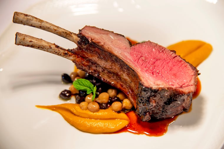 The rack of lamb rack black and white chickpeas at Cicala in the Divine Lorraine on North Broad Street.
