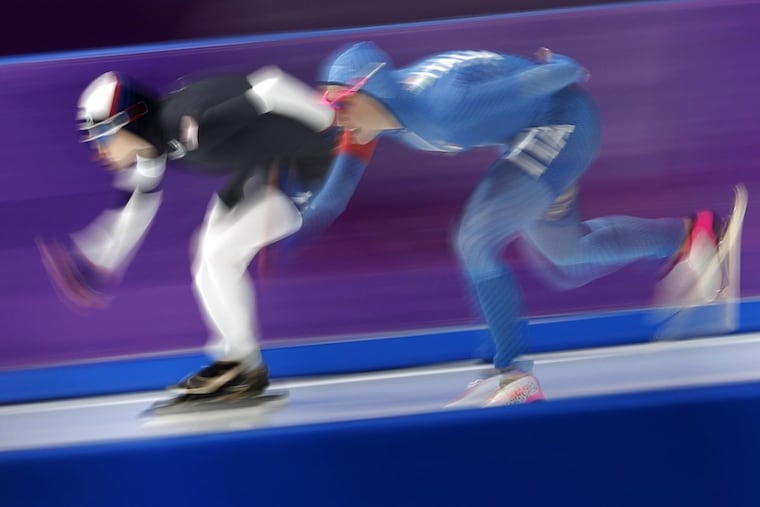 Mia Manganello of the United States, left, and Francesca Lollobrigida of Italy, right, compete during the women’s 1,500 meters speedskating race at the Gangneung Oval at the 2018 Winter Olympics in Gangneung, South Korea, Monday, Feb. 12, 2018.