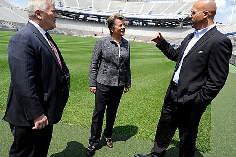 Penn State President Eric Barron, athletic director Sandy Barbour and football coach James Franklin. (Christopher Weddle/Centre Daily Times/AP)