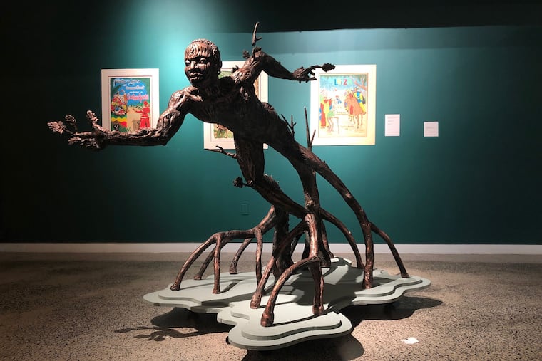 Osain, in resin polymer, wire, oil and acrylic paint, from the opening reception of 'Portales' by Samuel Lind at Taller Puertorriqueño.