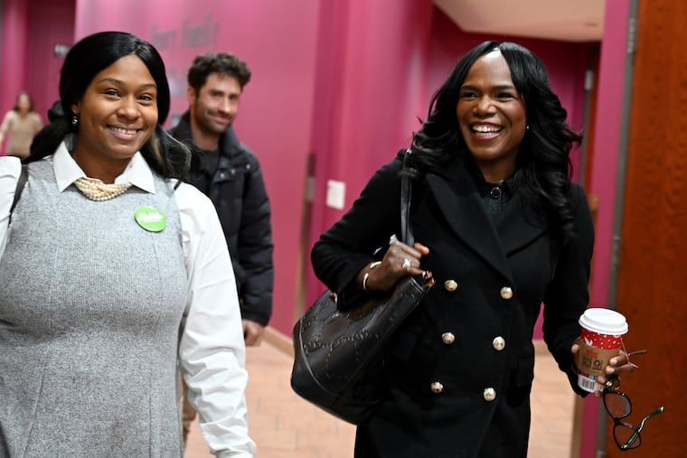 Physician Ala Stanford (right) arrives at a forum hosted by the 9th Ward Democratic Committee on Dec. 4. She is a Democratic candidate running to represent Philadelphia's 3rd Congressional District.