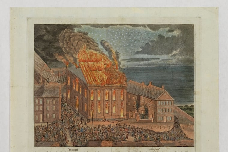 Philadelphia volunteer fire departments, explained Carol Smith, historian and archivist at the the Fireman's Hall Museum, stopped fires like this 1794 blaze at Zion Lutheran Church, from extensive damage to the city