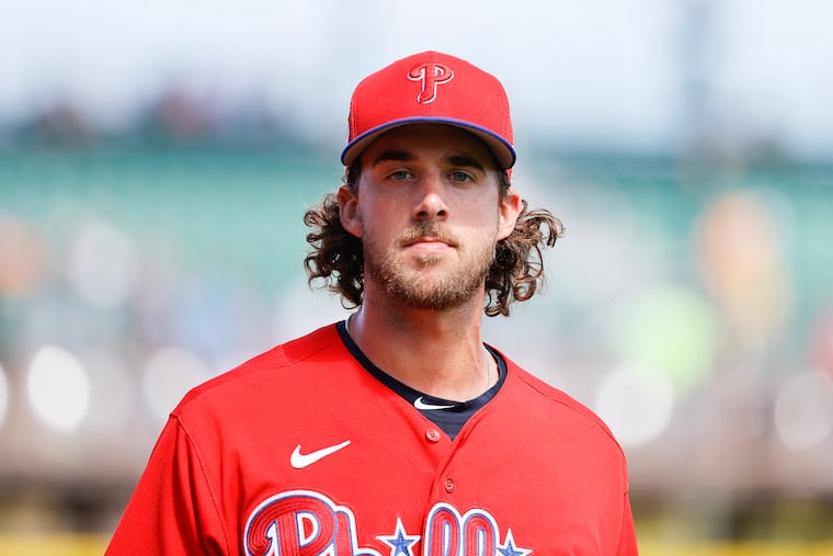 Phillies pitcher Aaron Nola before the Phillies played a spring training game against the Pittsburgh Pirates in Bradenton, Florida on Feb. 27.