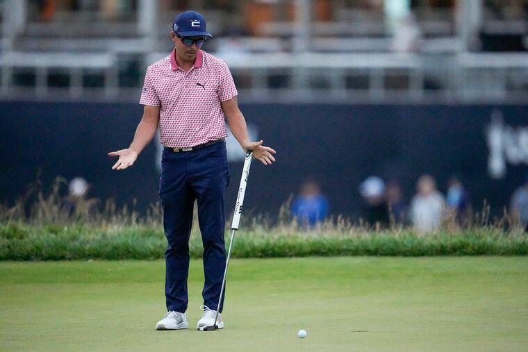 Rickie Fowler reacts after missing a putt on the 18th hole during the third round of the U.S. Open golf tournament at Los Angeles Country Club on Saturday, June 17, 2023, in Los Angeles.