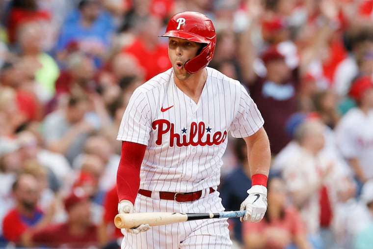 Rhys Hoskins reacts after hitting a solo home run in the first inning against the Nationals on Saturday.