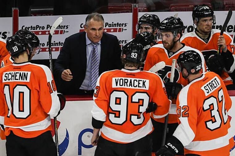 Flyers head coach Craig Berube during a timeout. (Steven M. Falk/Staff Photographer)