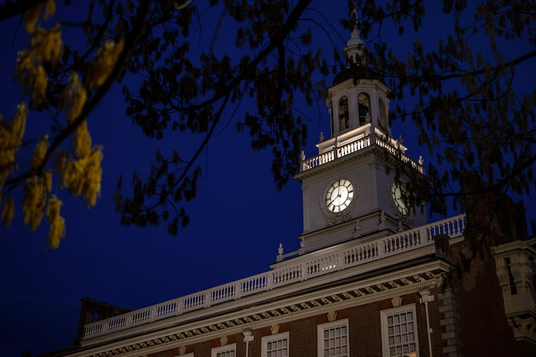 In 1776, you can hear the cannons from the bell tower of the Pennsylvania State House at Sixth and Chestnut Streets, where the rebels conspire. Now, it’s Independence Hall, photographed April 14, 2026.