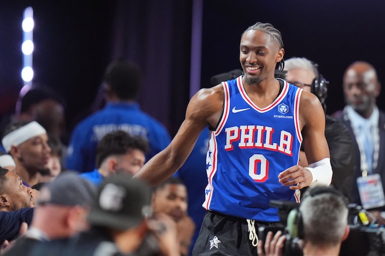 Sixers guard Tyrese Maxey shakes hands with competitors during the NBA three-point contest during All-Star weekend festivities on Saturday in Inglewood, Calif.
