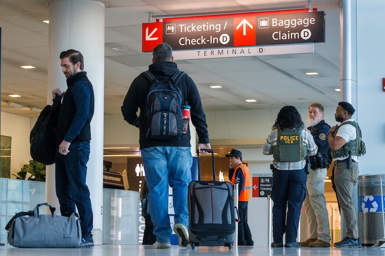 I.C.E officers at Philadelphia International Airport, Terminal D/E TSA screen area on Tuesday, March 24, 2026.
