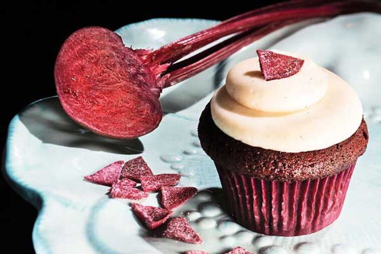Red Velvet Cupcake from Sweet Elizabeth's Cakes, Manayunk, gets its color and sweetness from beets. That's a candied beet on top.