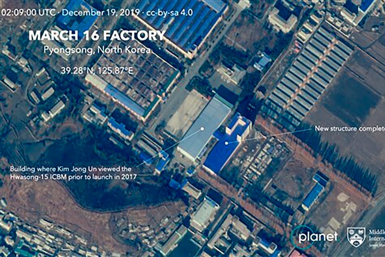 This Dec. 19 satellite image from Planet Lab Inc., that has been analyzed by experts at the Middlebury Institute of International Studies, shows the March 16 Factory in Pyongsong, near Pyongyang, where North Korea manufactures military trucks used as mobile launchers for long-range missiles. This new satellite image on a North Korean missile-related site shows the construction of a new structure this month.