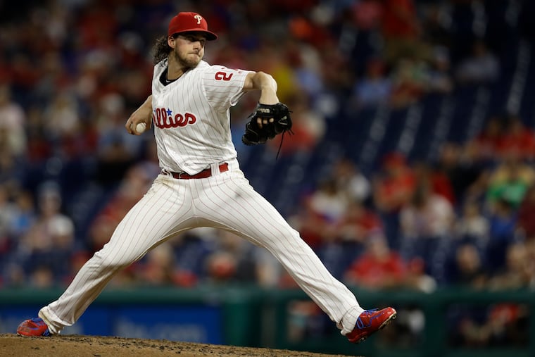 Philadelphia Phillies' Aaron Nola in action during a baseball game against the Washington Nationals, Wednesday, Sept. 12, 2018, in Philadelphia. (AP Photo/Matt Slocum)