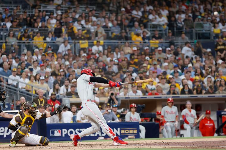 Bryce Harper hits a home run in Game 1 of the NLCS on Tuesday, his fourth homer of the postseason.