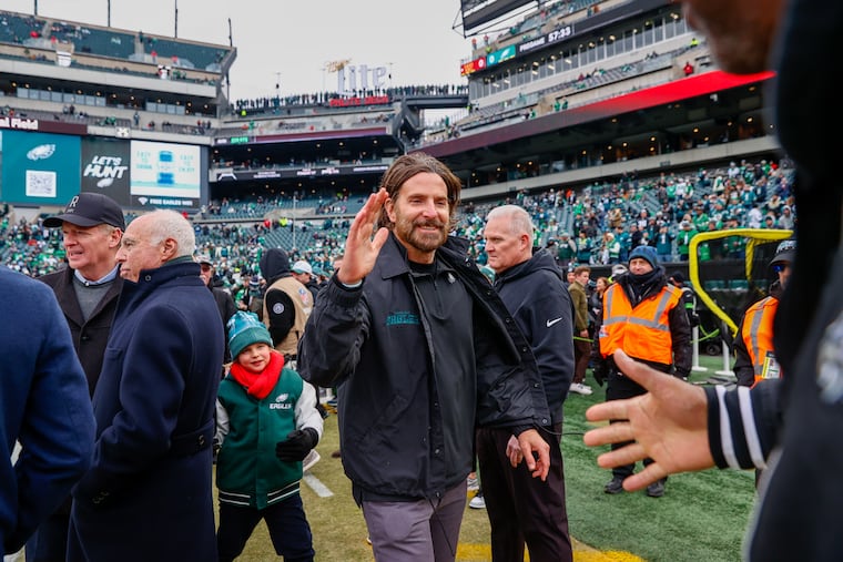Actor Bradley Cooper on the sideline before the start of the NFC championship game against the Commanders.