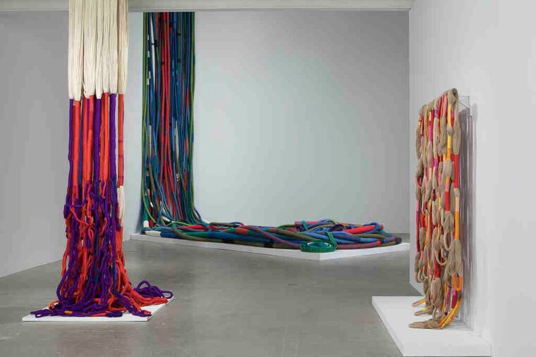 "Sheila Hicks: 50 Years," a partial view of the installation. Hicks began her career by studying painting. She began making fiber constructions in Mexico, where she wed and lived for a while.