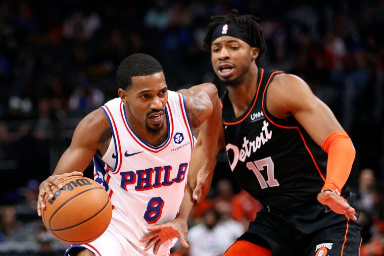 Sixers guard De'Anthony Melton (8) drives against Detroit Pistons guard Stanley Umude during the first half.