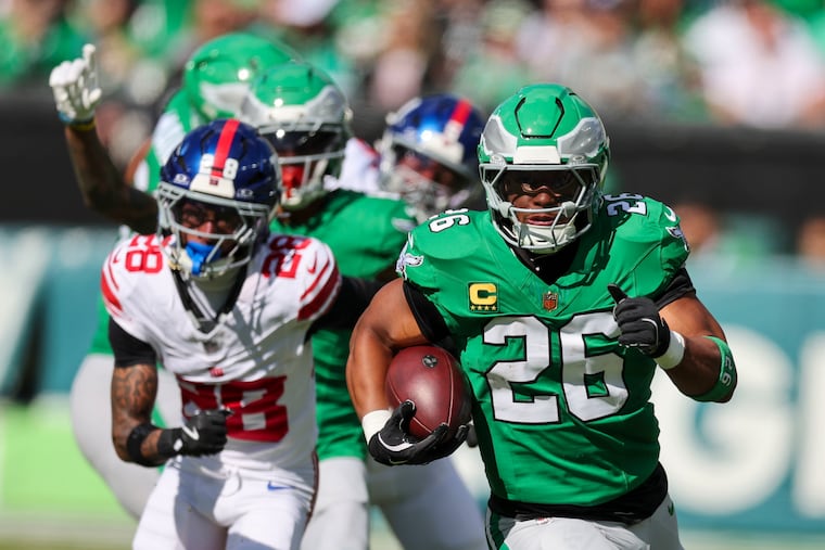 Eagles running back Saquon Barkley spent the first six years of his NFL career with the Giants.