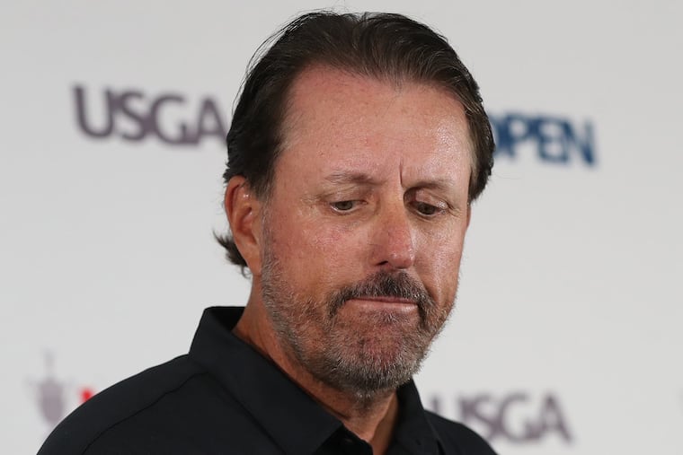 Phil Mickelson takes questions during a press conference during the U.S. Open practice round on Monday, June 13, 2022, in Brookline, Massachusetts. (Nancy Lane/Boston Herald/TNS)