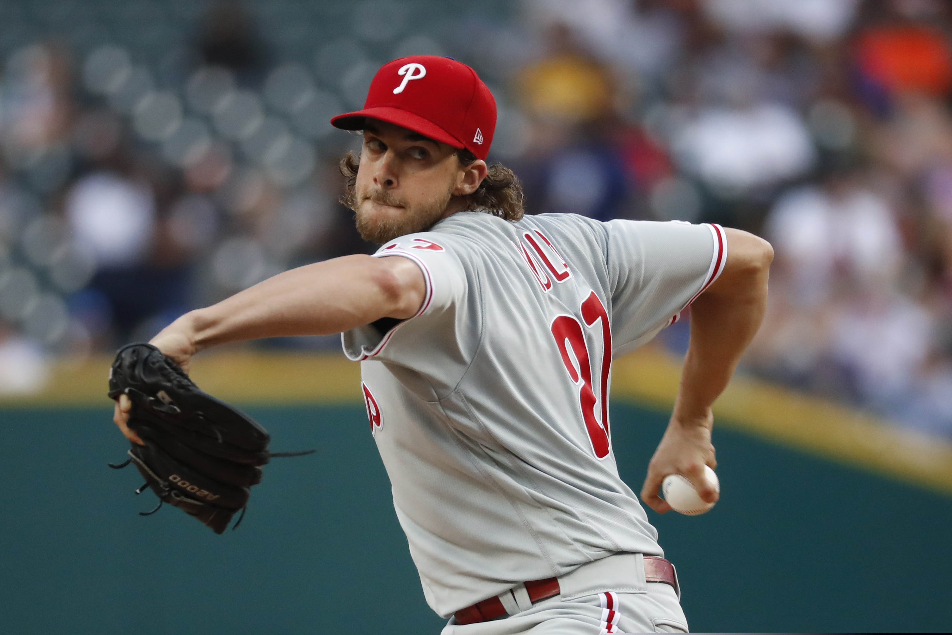 Aaron Nola tossed seven strong innings in the Phillies' 15-inning, 3-2 victory over the Tigers on Tuesday night in Detroit.