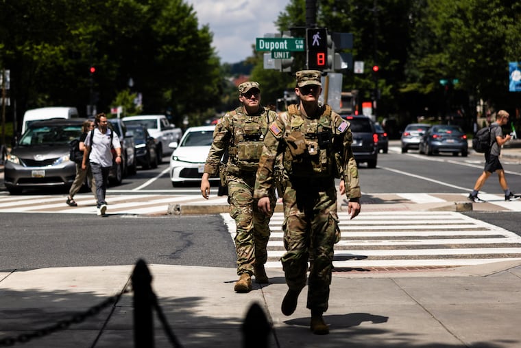 Members of the National Guard patrol Dupont Circle in Washington, Aug. 6, 2026. President Trump has opened a new front in his campaign to intimidate political foes, threatening a prominent liberal think tank with a $5 billion defamation lawsuit over a report concluding that his deployment of the National Guard to cities across the country has had little effect on reducing violent crime.
