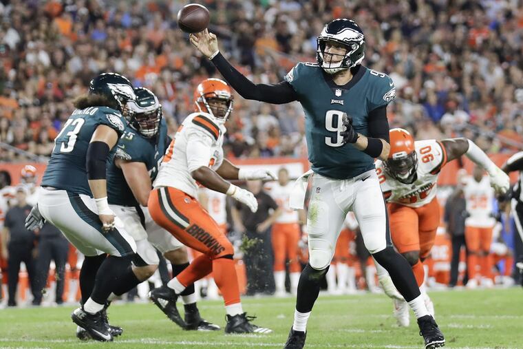 Eagles quarterback Nick Foles throws a second-quarter interception to Browns linebacker Jamie Collins during the team's preseason game on Thursday.