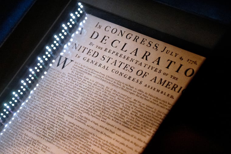 An original broadside copy of the Declaration of Independence, printed by John Dunlap, on display in the "Great Essentials" exhibit in the West Wing of Independence Hall, July 29, 2025. In the hours following Congress’ signing of the declaration on July 4, 1776, Dunlop printed some 200 copies that were dispatched throughout the country, one of which was publicly read on July 8, 1776. This is one of only 26 copies that still exist.