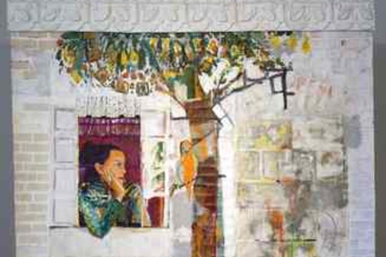 "Bricked Out" by Paula Wilson, a mixed-media painting on canvas, incorporates a self-portrait of the artist, and emphasizes architectural details and high-relief decorative embellishments.