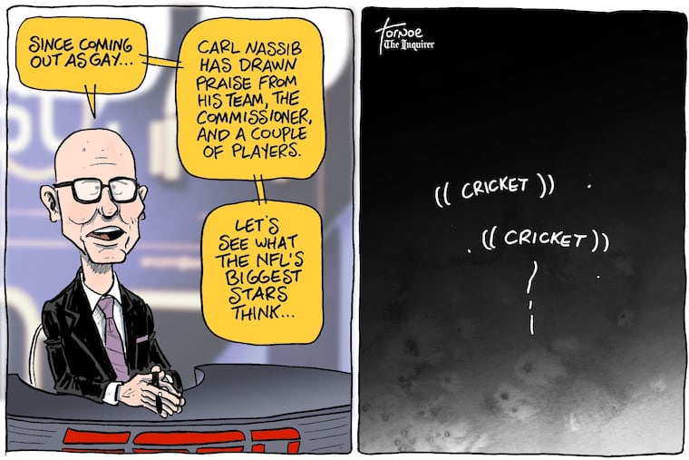 Rob Tornoe's cartoon about Carl Nassib for Friday, June 25, 2021.