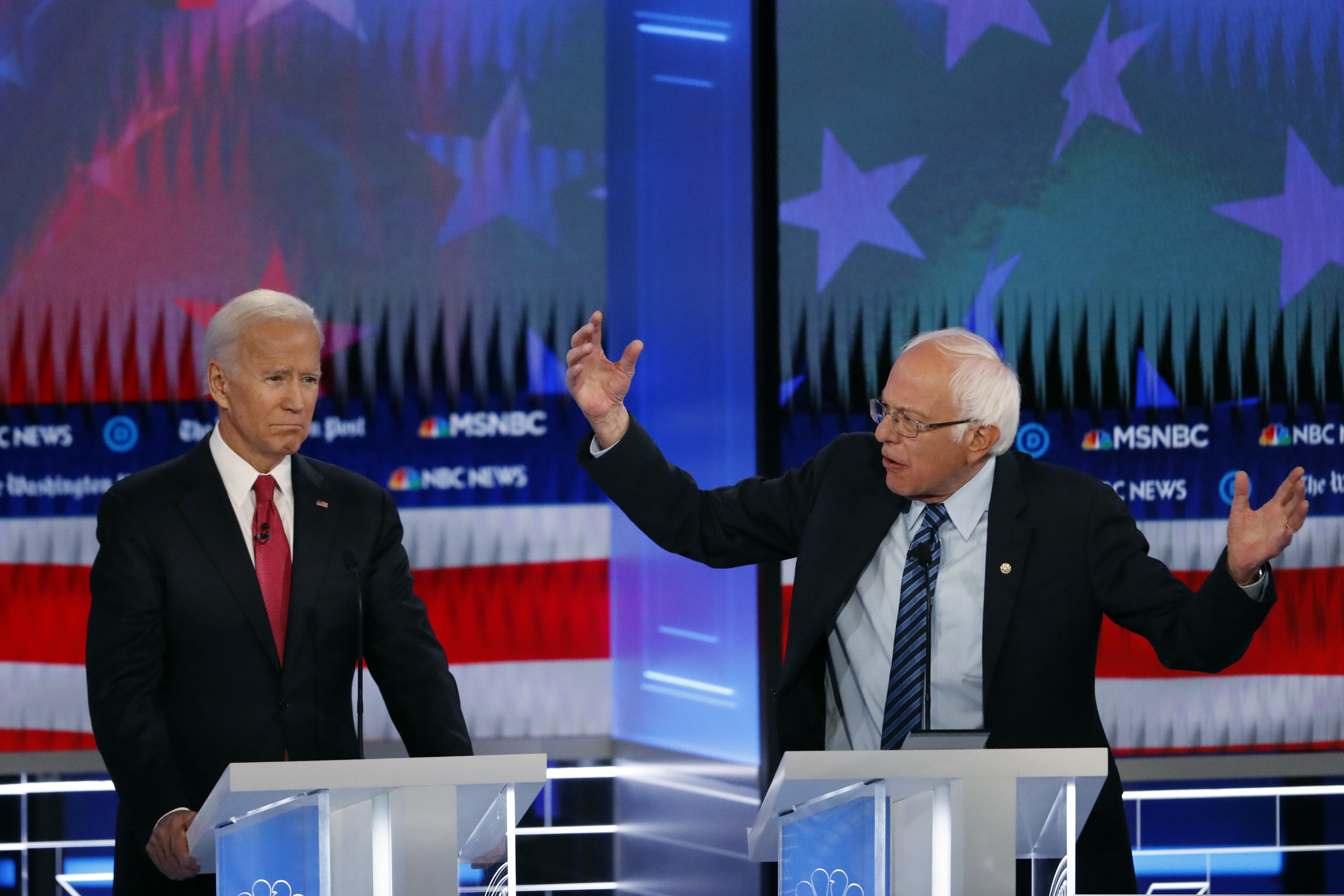 Sen. Bernie Sanders, I-Vt., right, and former Vice President Joe Biden during a Democratic presidential primary debate on Nov. 20, 2019, in Atlanta.