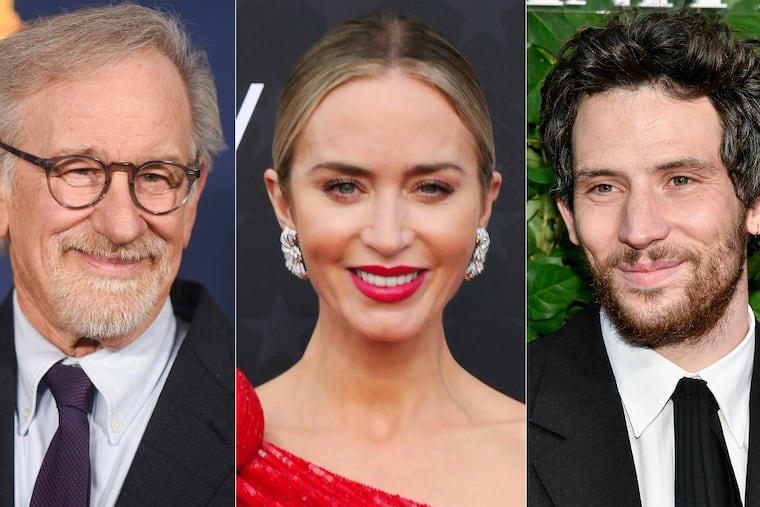This combination of images shows filmmaker Steven Spielberg, left, and actors Emily Blunt, center, and Josh O'Connor.