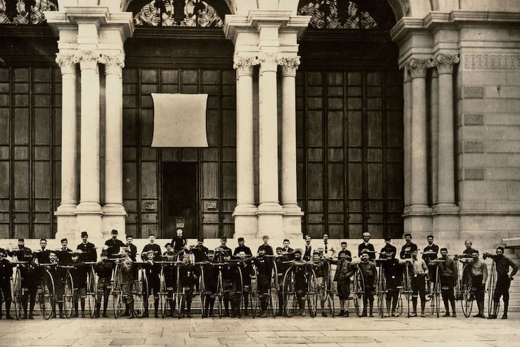 At Memorial Hall on high-wheel bicycles, popular in the 1880s. The Philadelphia Bicycle Club gave early advice to bikers, such as on how not to frighten horses.