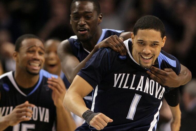 Villanova’s Scottie Reynolds, Shane Clark, and Reggie Redding celebrate Reynold’s game winning basket against Pittsburgh in the Boston on Saturday, March 28, 2009.