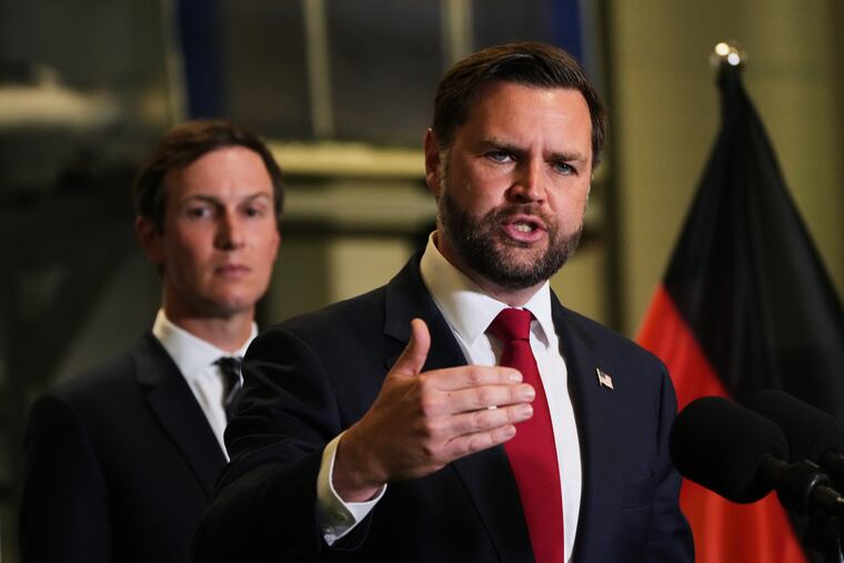Vice President JD Vance speaks to reporters Tuesday in Kiryat Gat, Israel. Looking on is Jared Kushner, one of the architects of the ceasefire agreement.