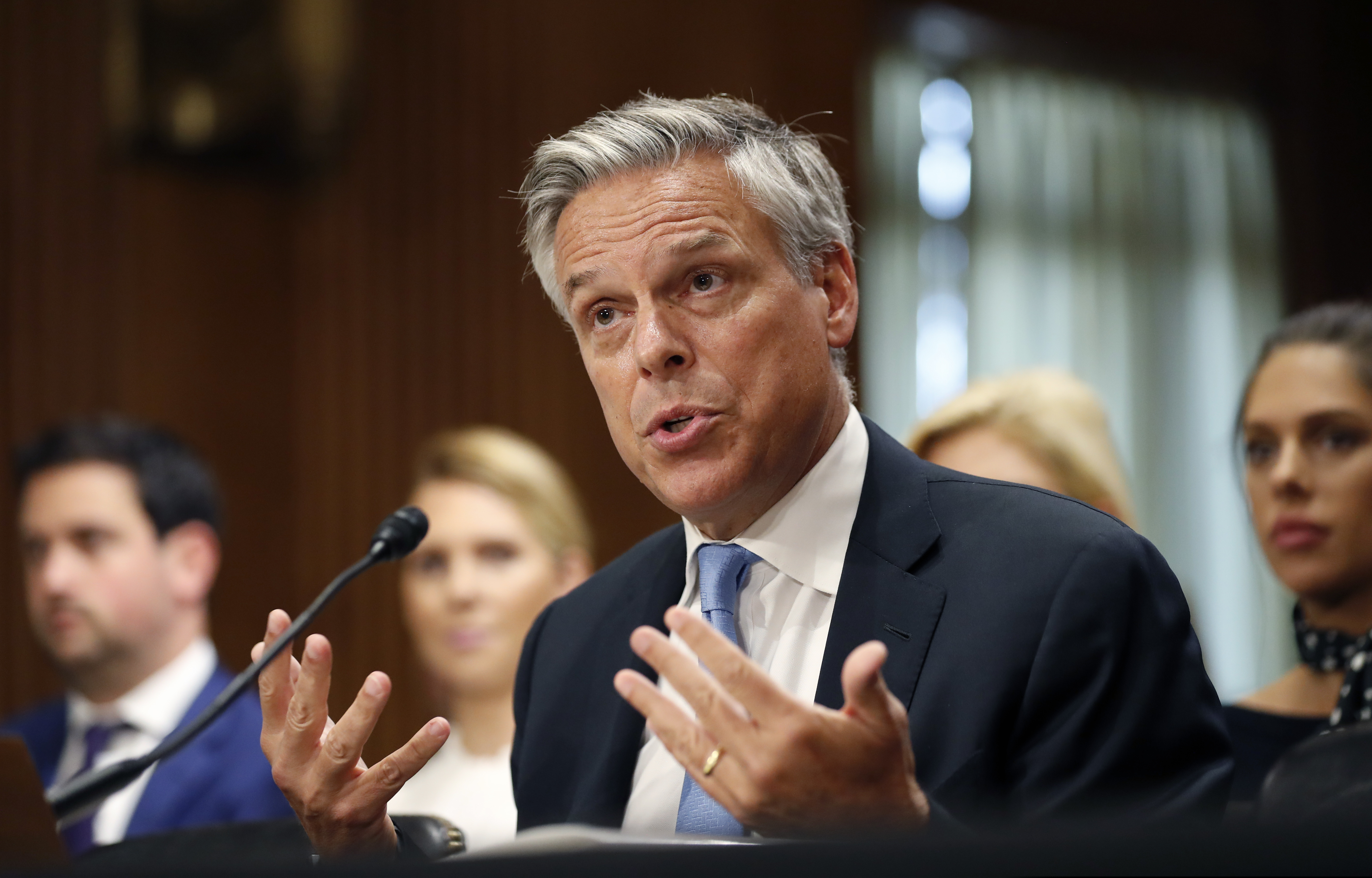 FILE - Former Utah Gov. Jon Huntsman testifies during a 2017 hearing of the Senate Foreign Relations Committee on his nomination to become the U.S. ambassador to Russia, on Capitol Hill in Washington. Huntsman has resigned from his post as the U.S. Ambassador to Russia and is planning to move back to Utah in October.