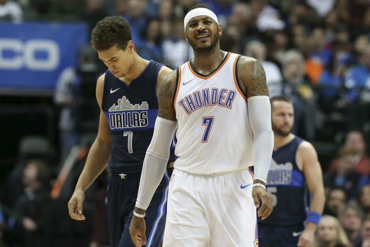 Carmelo Anthony and the Oklahoma City Thunder are in Philadelphia to face the 76ers.