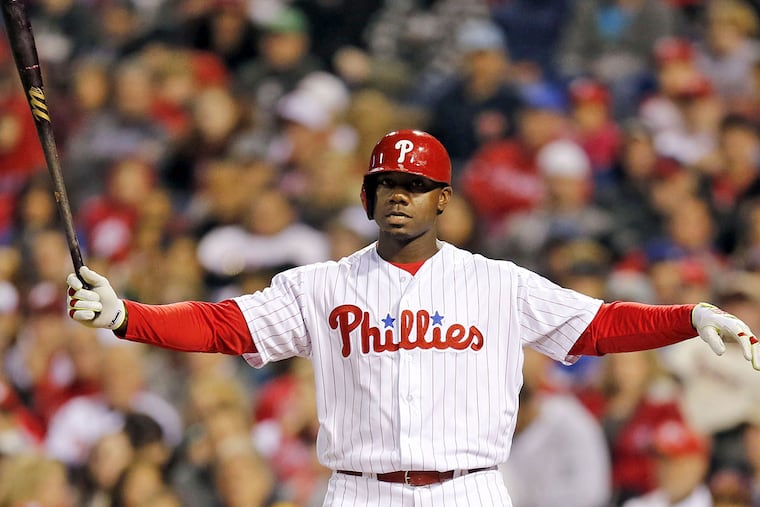 Phillies first baseman Ryan Howard (6) gets ready to bat against the Cleveland Indians on Saturday, April 30, 2016 in Philadelphia. YONG KIM / Staff Photographer